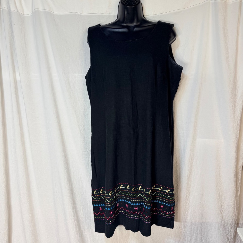 Coldwater Creek Shift Dress 16 Black Embroidered Hem Linen Blend Sleeveless